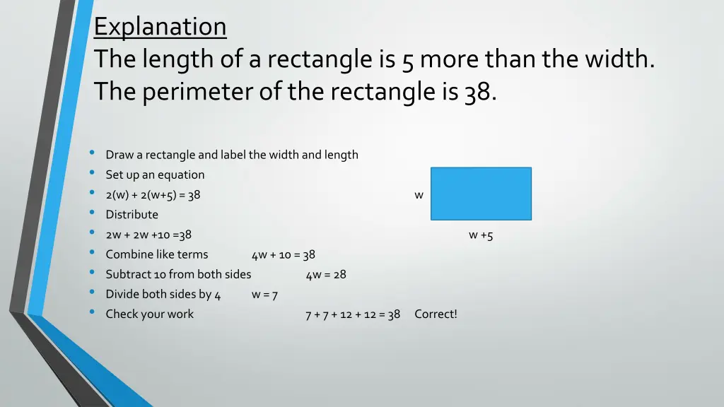 explanation the length of a rectangle is 5 more