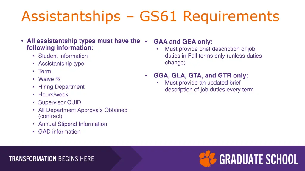 assistantships gs61 requirements 1
