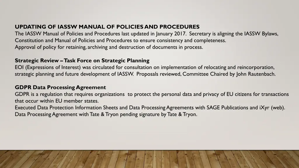 updating of iassw manual of policies