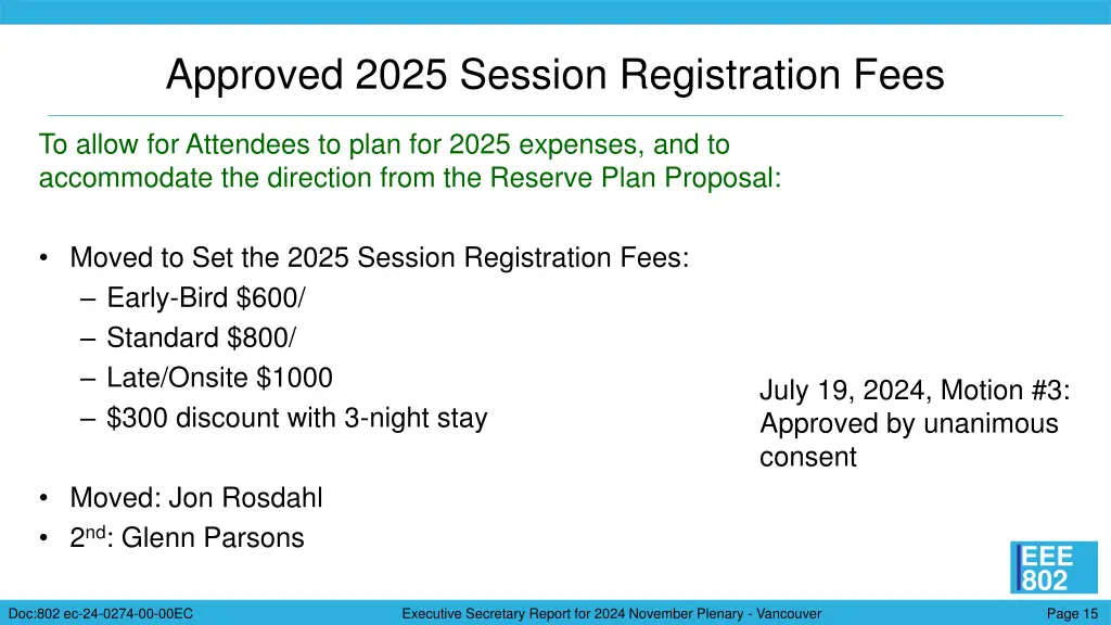 approved 2025 session registration fees
