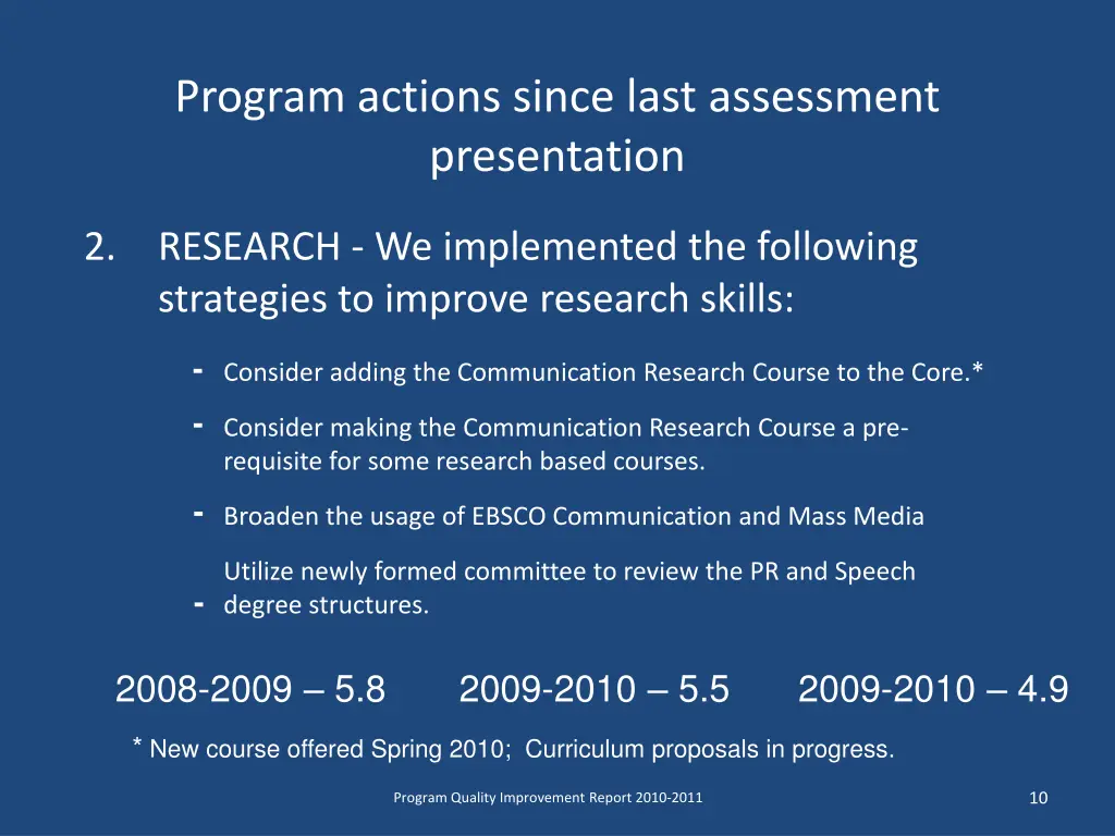 program actions since last assessment presentation 1