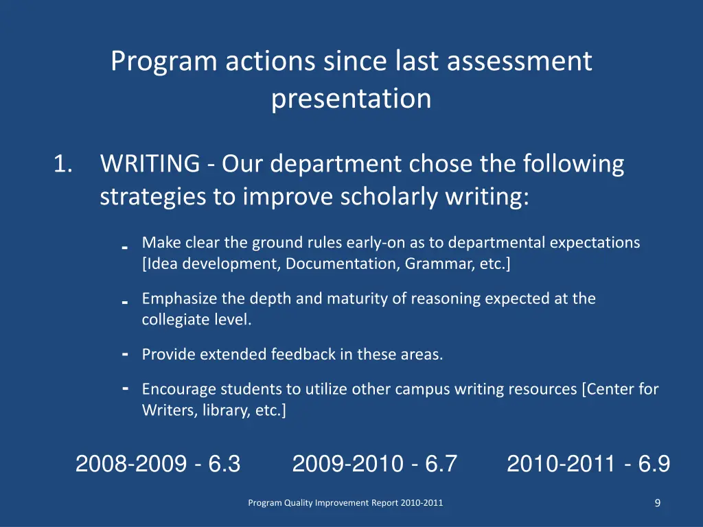 program actions since last assessment presentation