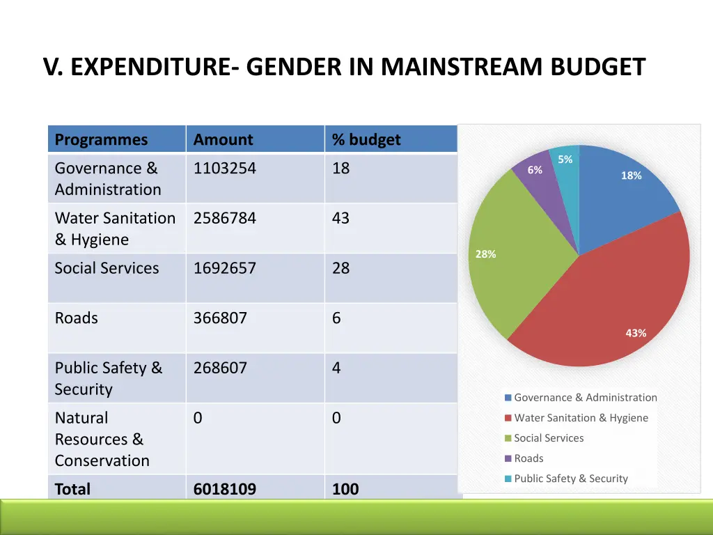 v expenditure gender in mainstream budget