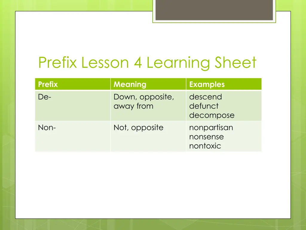 prefix lesson 4 learning sheet