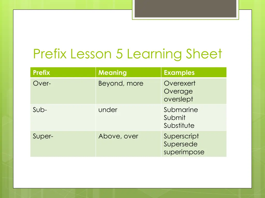 prefix lesson 5 learning sheet