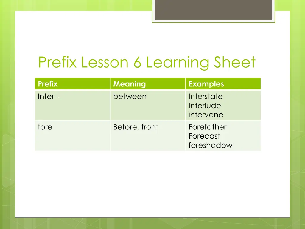 prefix lesson 6 learning sheet