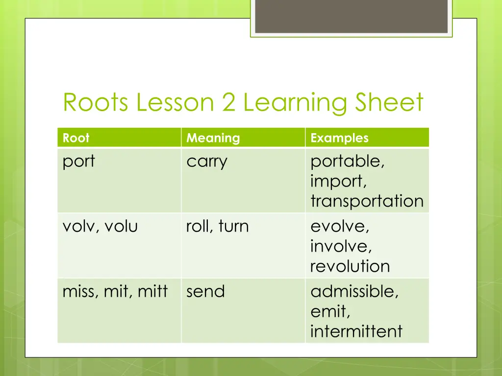 roots lesson 2 learning sheet