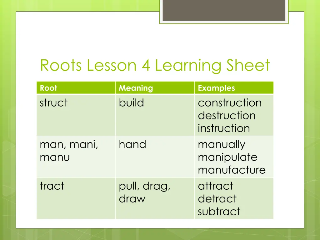 roots lesson 4 learning sheet