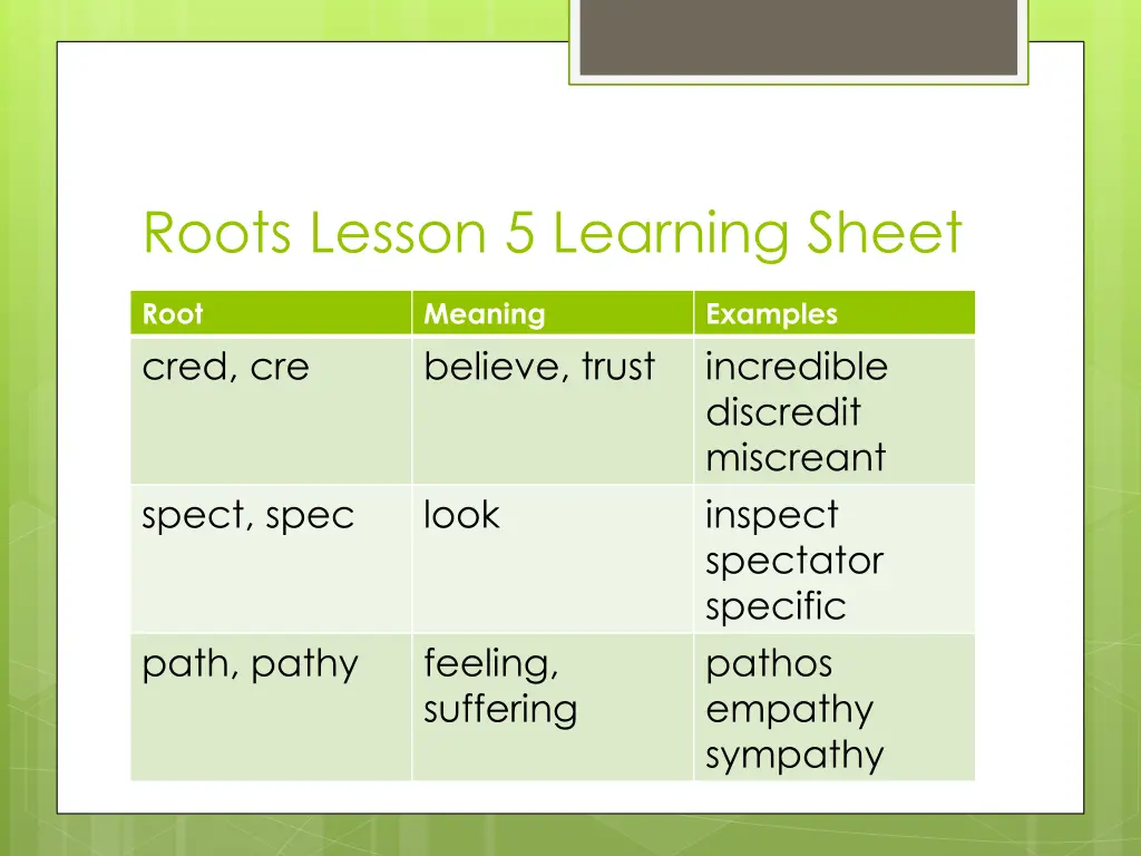 roots lesson 5 learning sheet