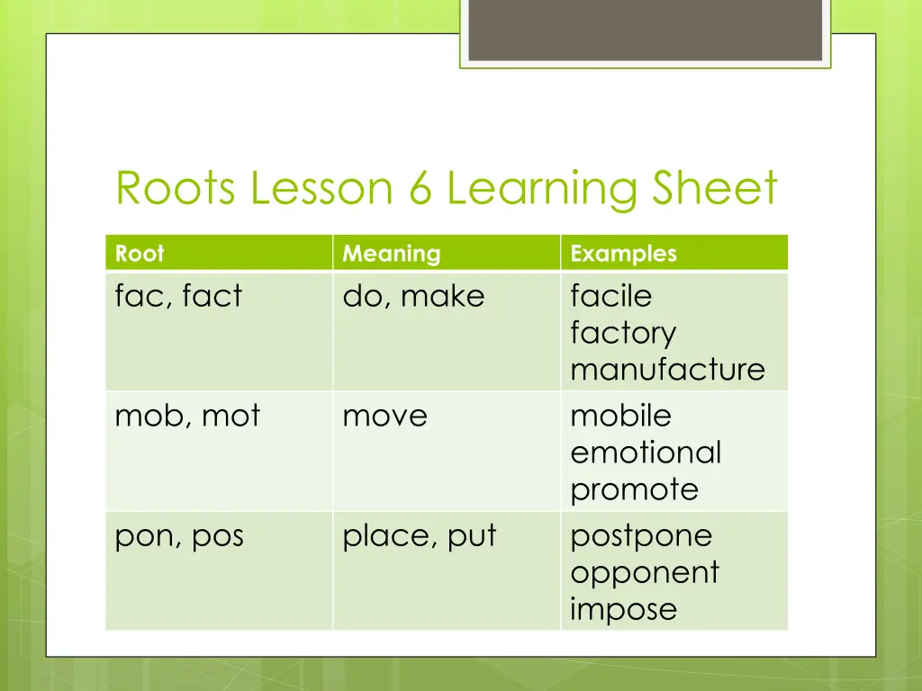 roots lesson 6 learning sheet