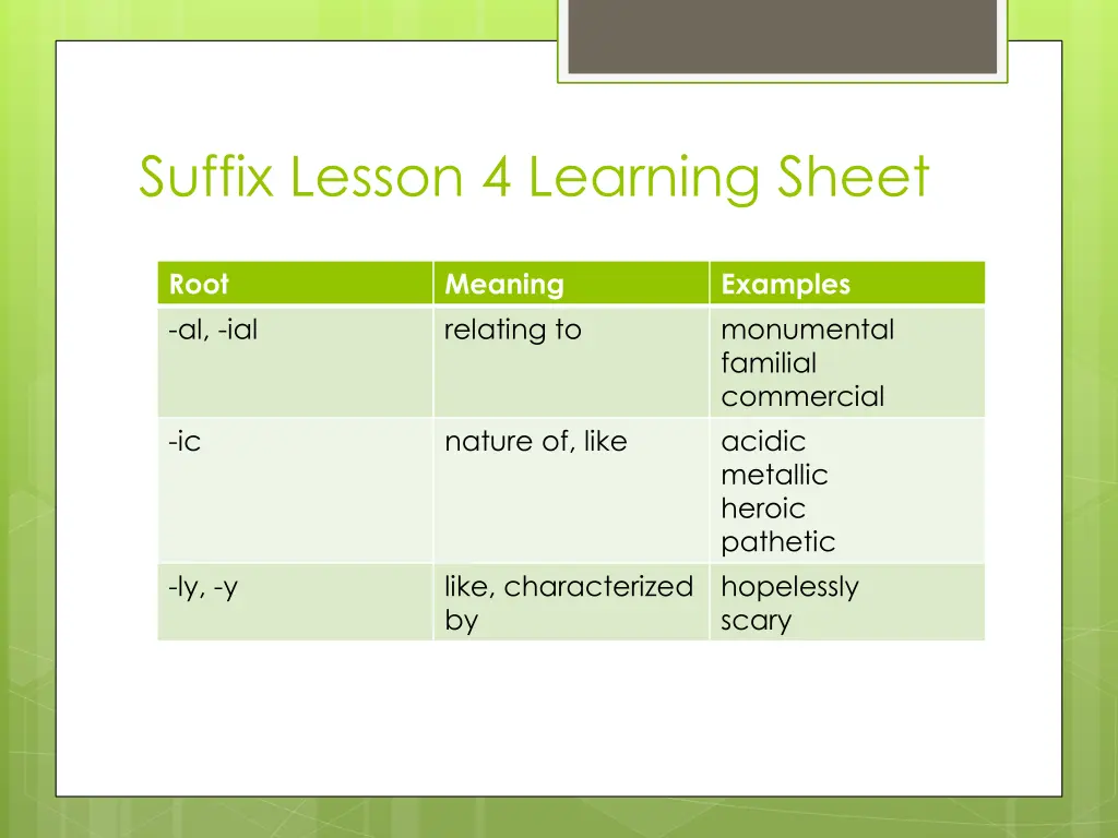 suffix lesson 4 learning sheet