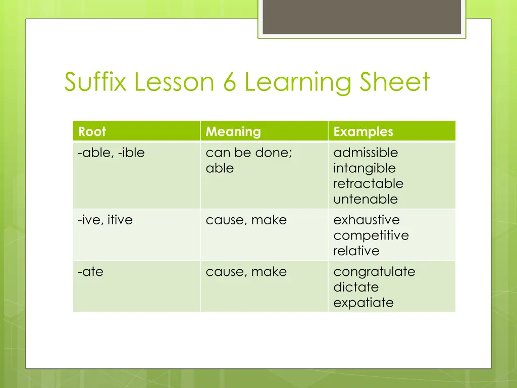suffix lesson 6 learning sheet
