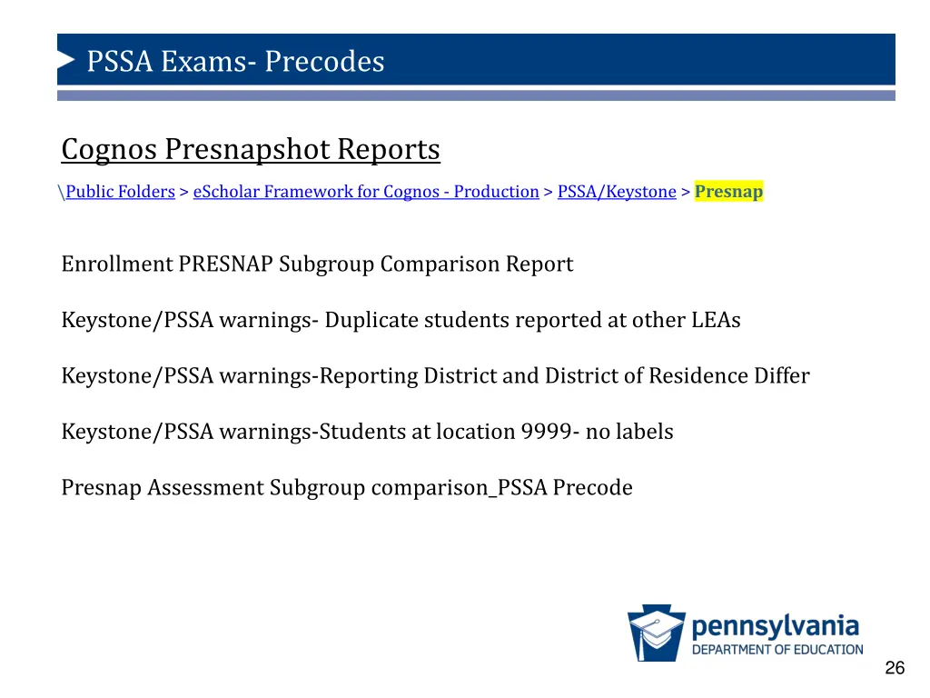 pssa exams precodes 21