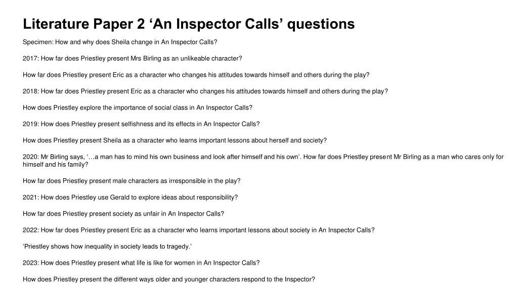 literature paper 2 an inspector calls questions