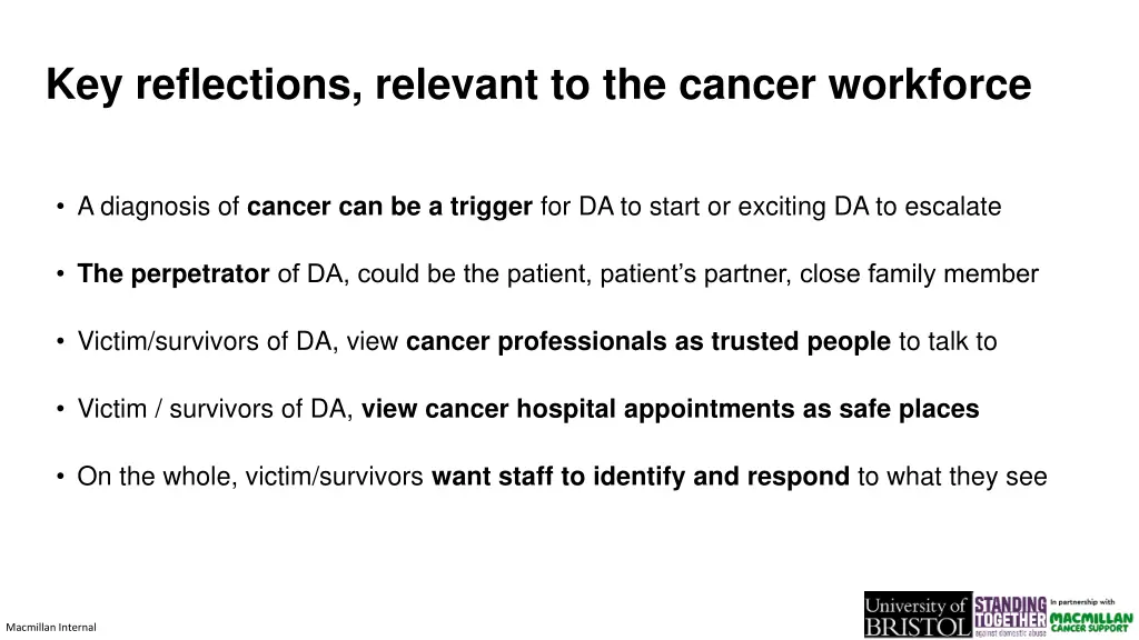 key reflections relevant to the cancer workforce