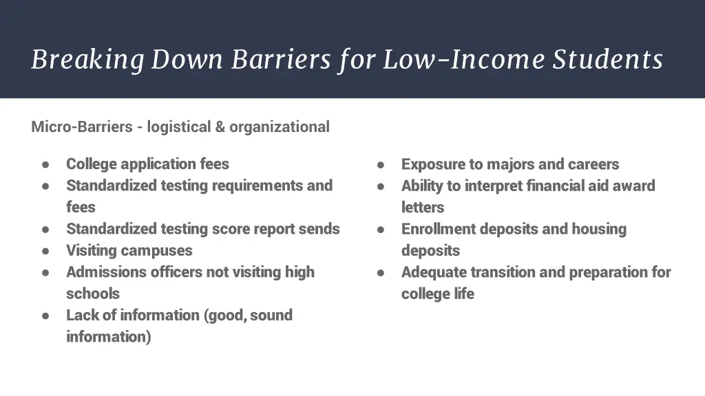 breaking down barriers for low income students 1