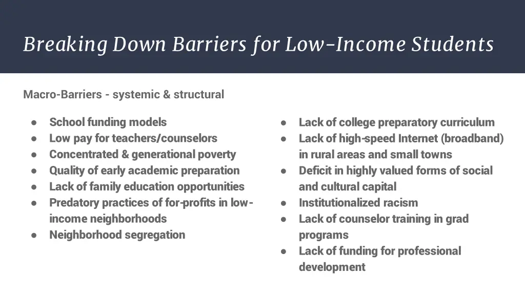 breaking down barriers for low income students