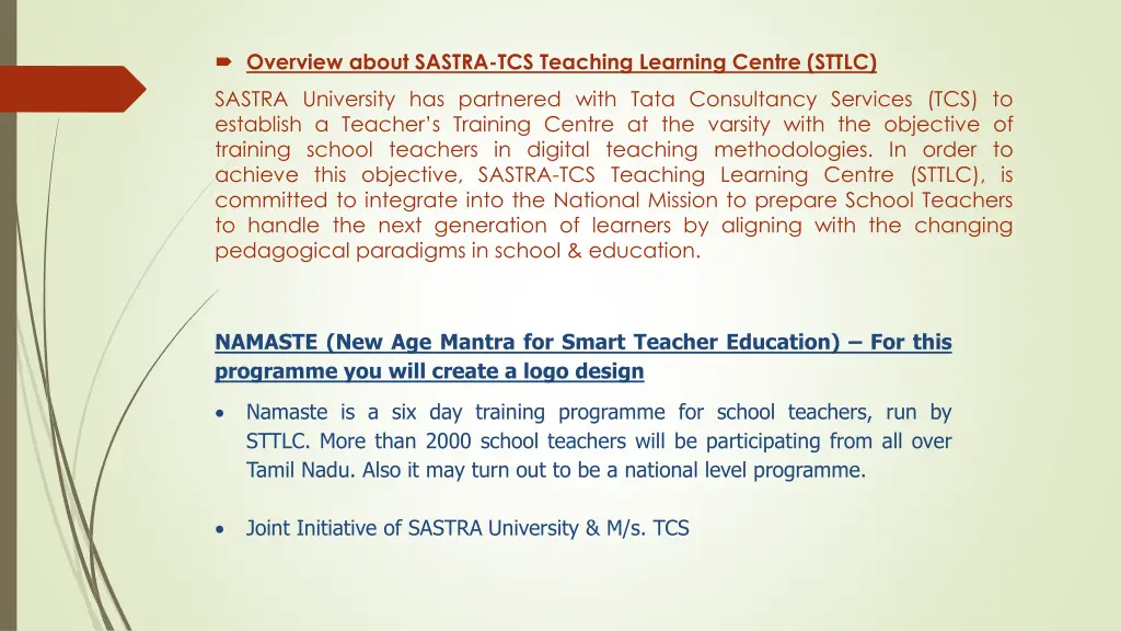 overview about sastra tcs teaching learning