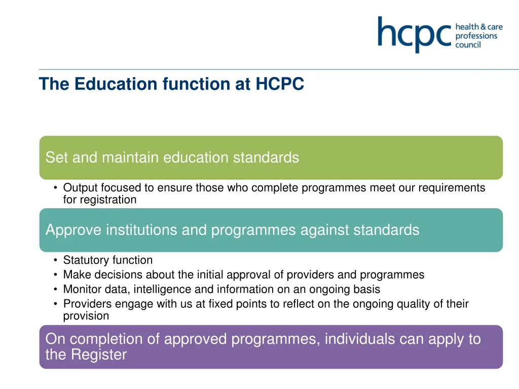 the education function at hcpc
