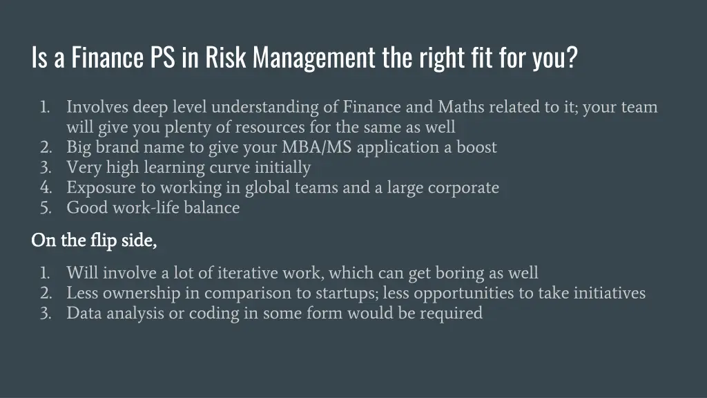 is a finance ps in risk management the right