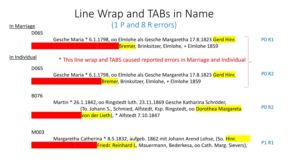 line wrap and tabs in name 1 p and 8 r errors