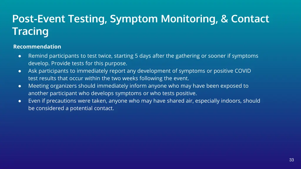 post event testing symptom monitoring contact 1