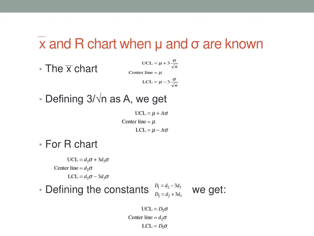 x and r chart when and are known