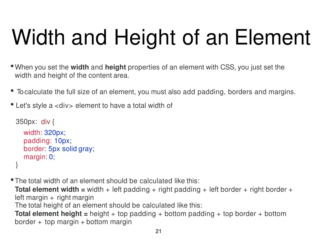 width and height of an element