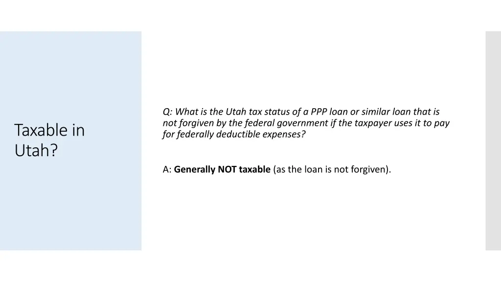 q what is the utah tax status of a ppp loan 1
