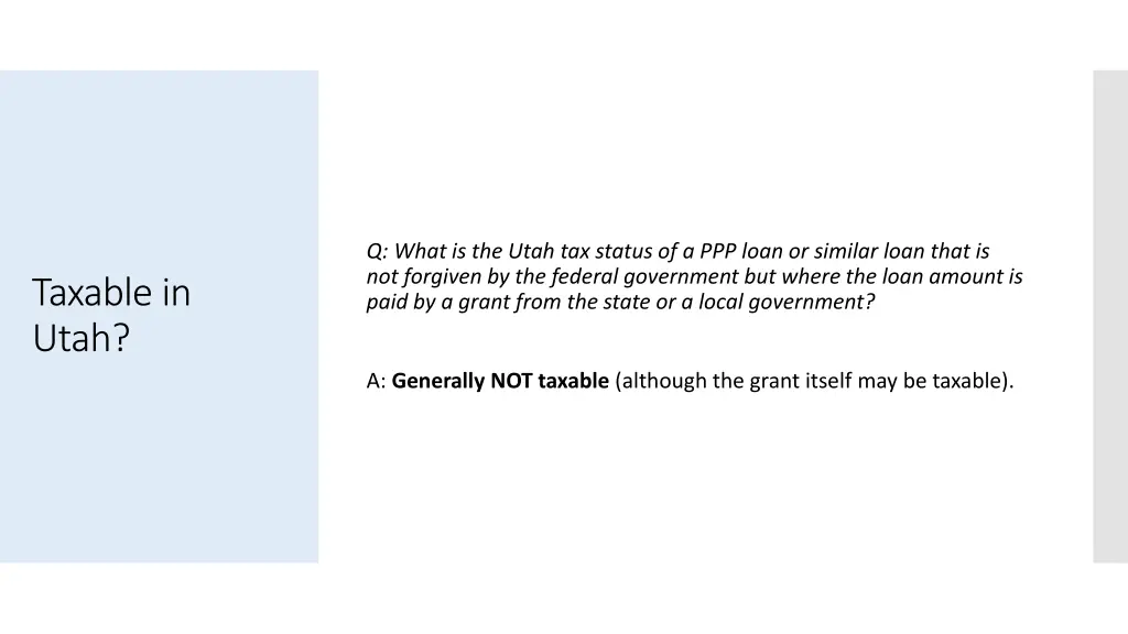 q what is the utah tax status of a ppp loan