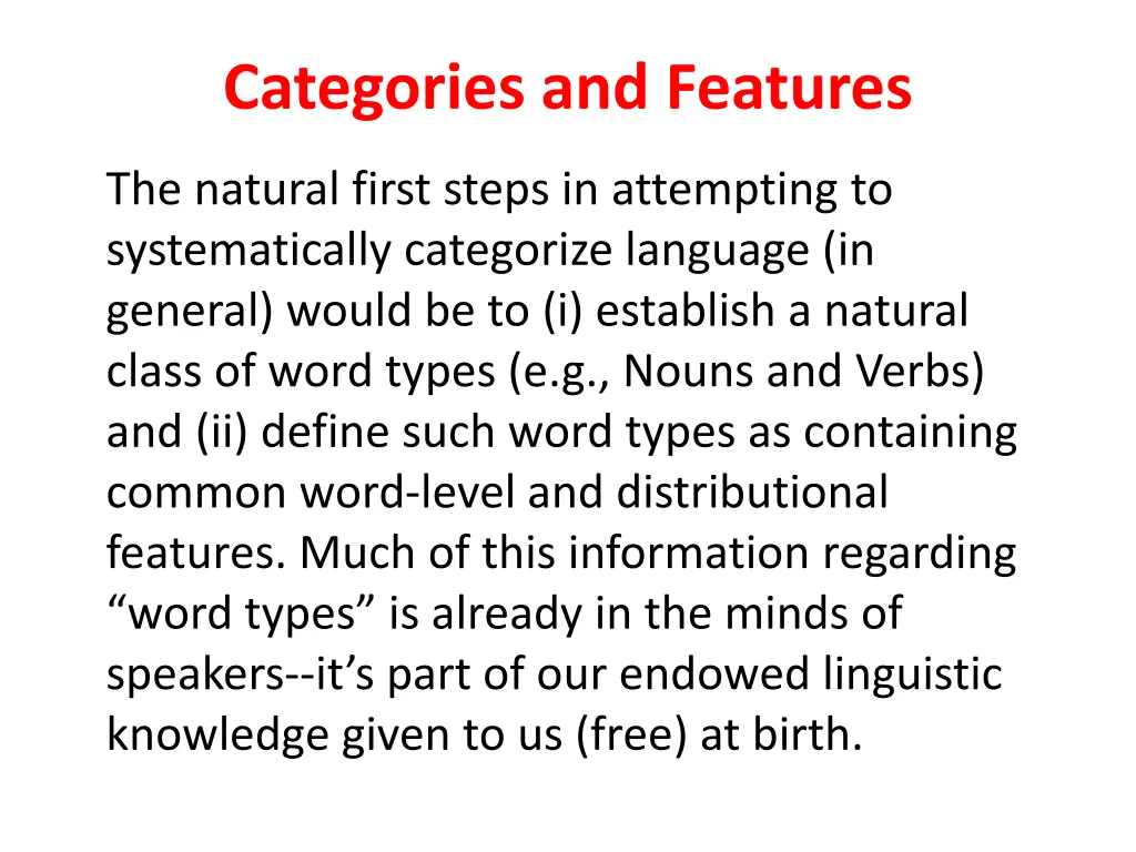 categories and features