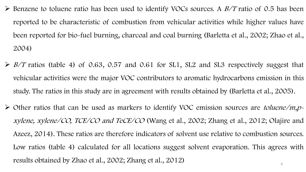 benzene to toluene ratio has been used
