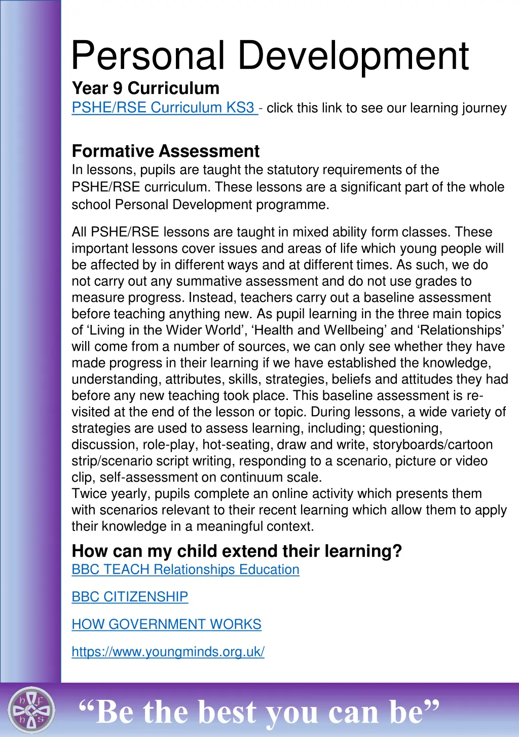 personal development year 9 curriculum pshe