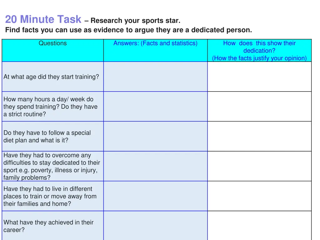 20 minute task research your sports star find