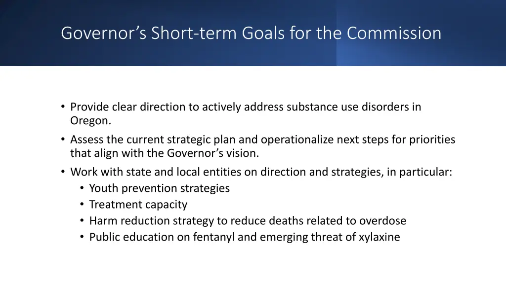 governor s short term goals for the commission