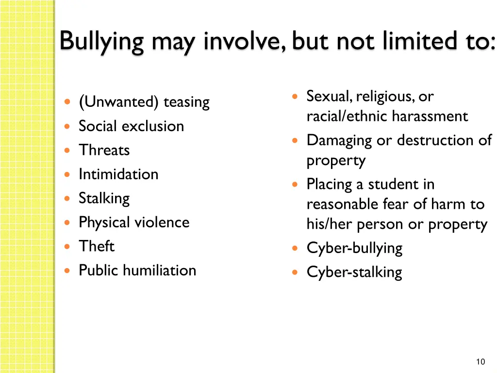 bullying may involve but not limited to