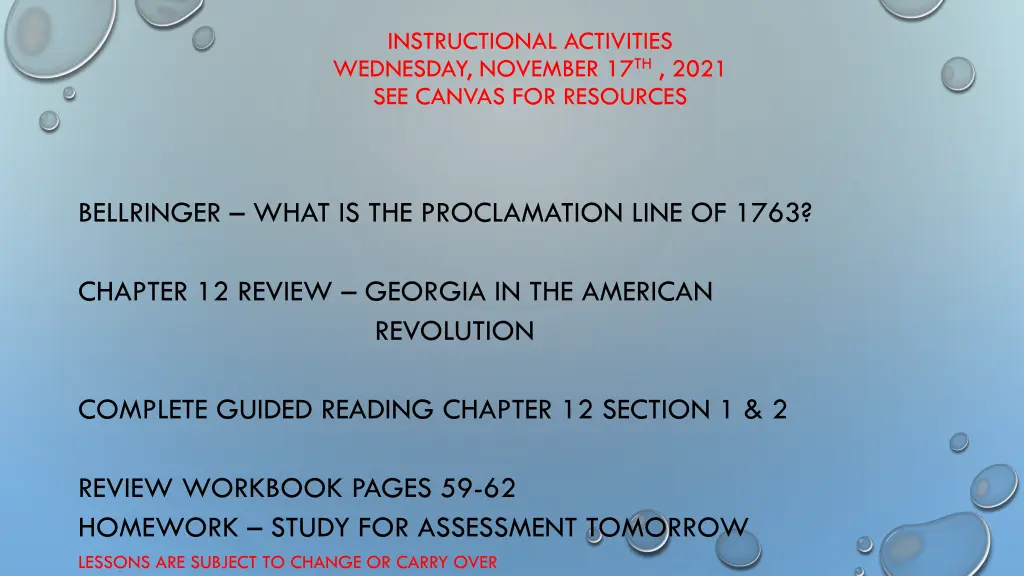 instructional activities wednesday november