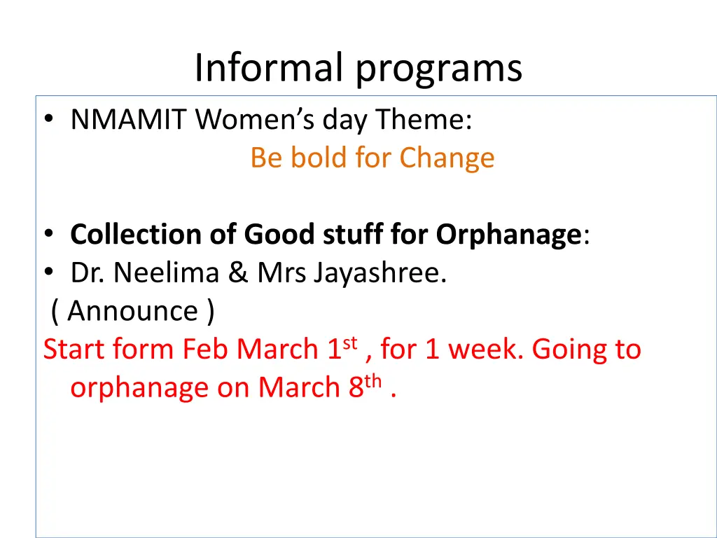 informal programs nmamit women s day t heme