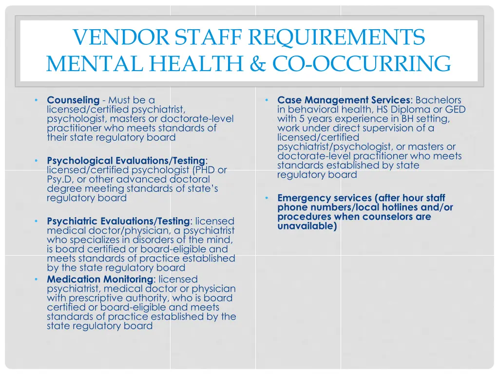 vendor staff requirements mental health