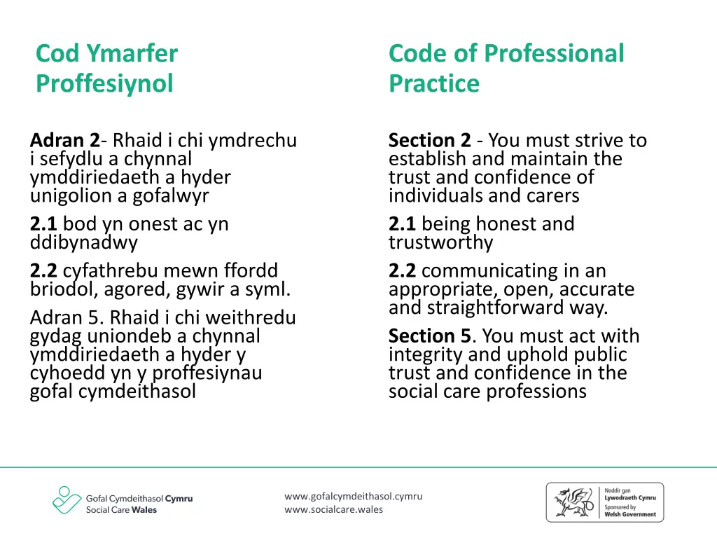 cod ymarfer proffesiynol 1