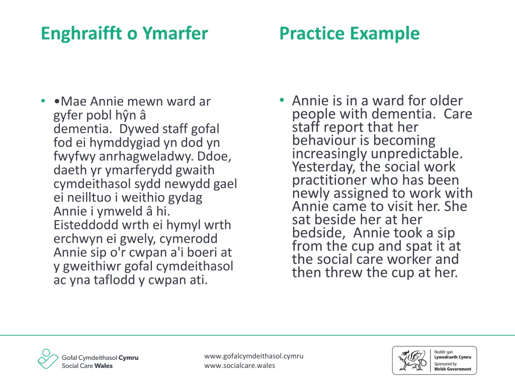 enghraifft o ymarfer