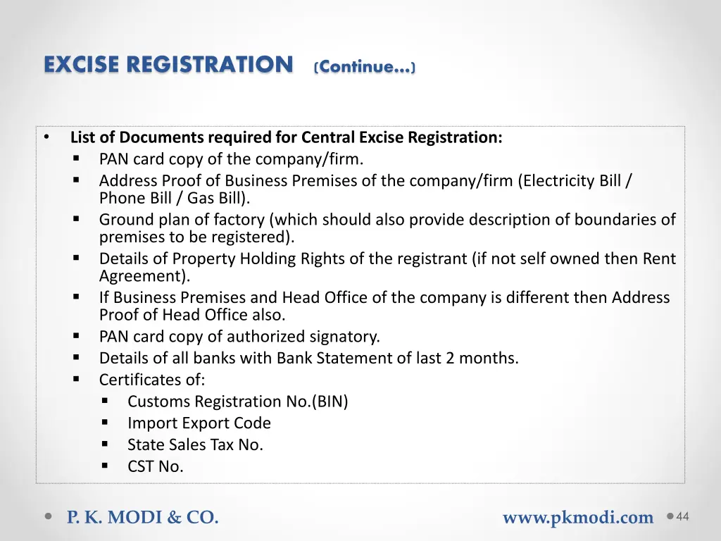 excise registration continue