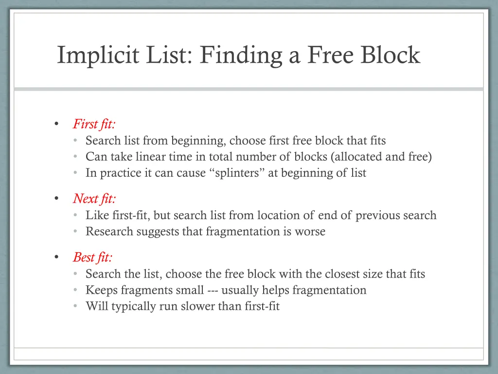implicit list finding a free block