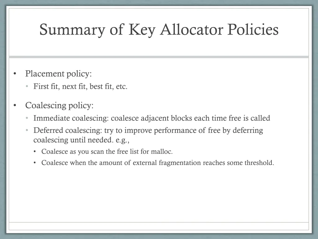 summary of key allocator policies