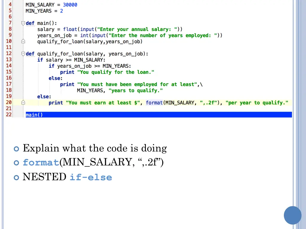 explain what the code is doing format min salary