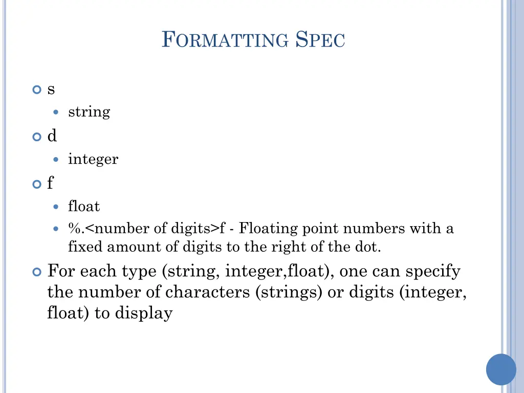 f ormatting s pec