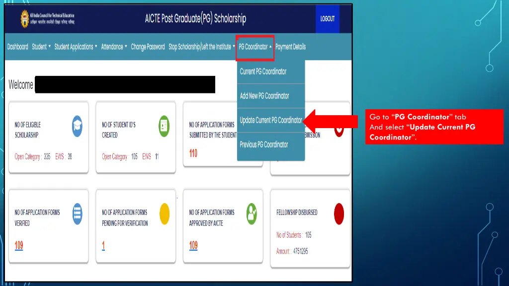 go to pg coordinator tab and select update
