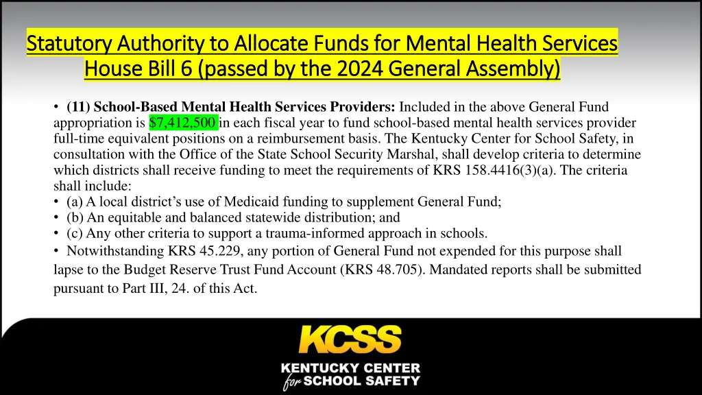 statutory authority to allocate funds for mental