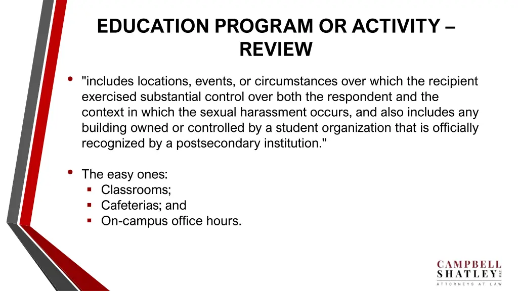 education program or activity review includes
