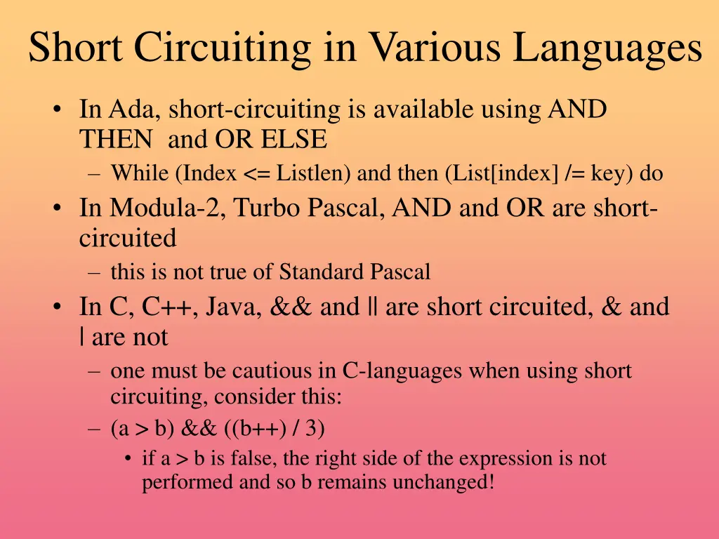 short circuiting in various languages